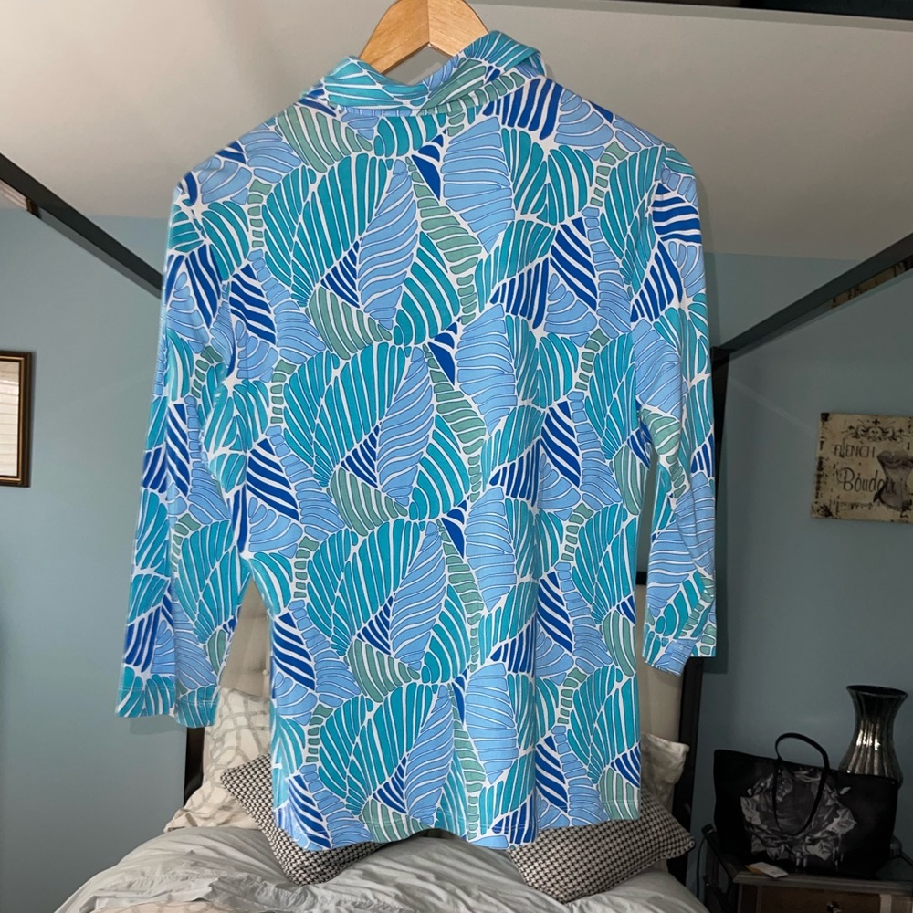J. McLaughlin Blue Green White Palm Print  Top FREE SHIPPING